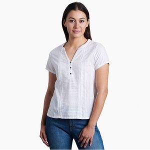 Kuhl Liana Short Sleeve Organic Cotton Popover Split Neck Blouse Top White